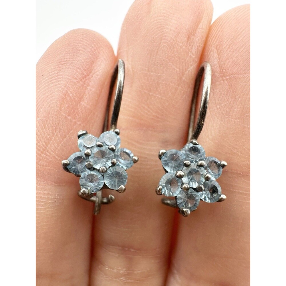 Vintage Blue Stone Flower Dangle Drop Earrings 925 Sterling Silver